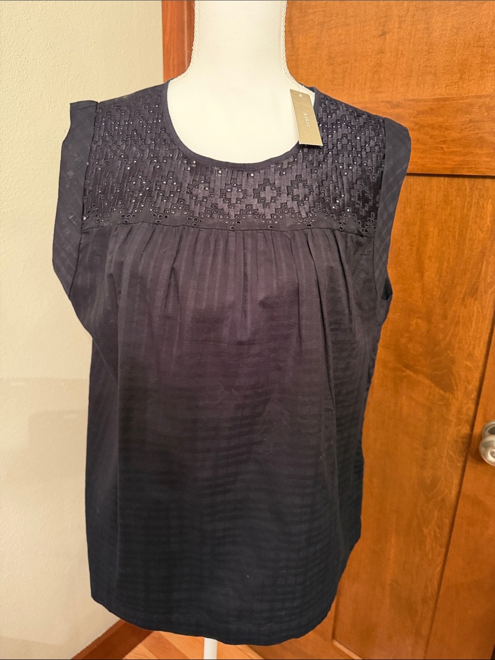 J. Crew Black Smocked Eyelet Sleeveless Top